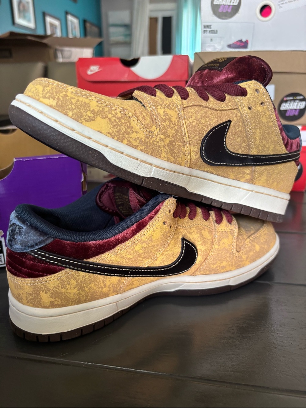 Nike Low Top Sneakers in Mustard Yellow & Burgundy Velvet